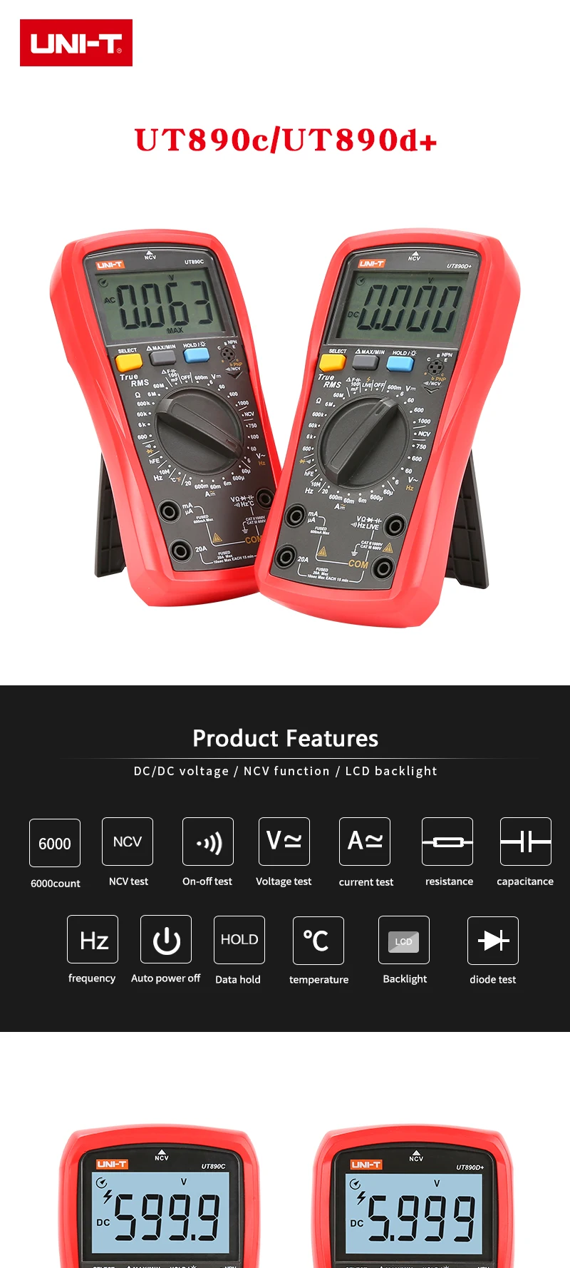 UNI-T UNI T Цифровой мультиметр True RMS UT890C UT890D+ Ручной диапазон AC DC Частота Емкость Температура Тестер Подсветка