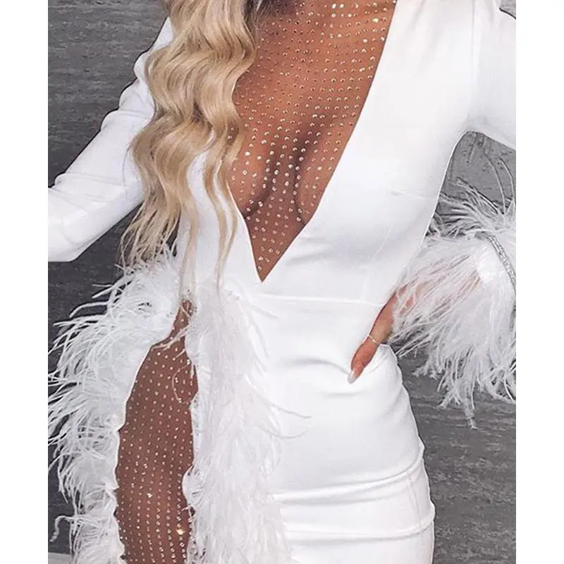 2019 женские белые сетчатые Мини Вечерние платья с перьями и глубоким v образным