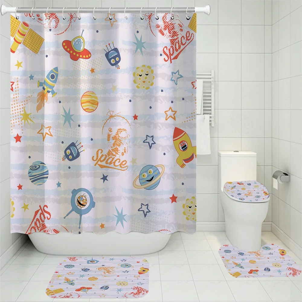

3/4 Pieces Rocket/Planet Shower Curtains Sets Cartoon Small Fresh Carpet Toilet Mat For Bathroom 3D Print Home Bathroom Set