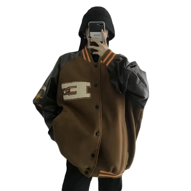 

Бейсбольная форма в стиле ретро, куртка для пар, негабаритная уличная одежда, в стиле Харадзюку, искусственная кожа, повседневные топы с кон...