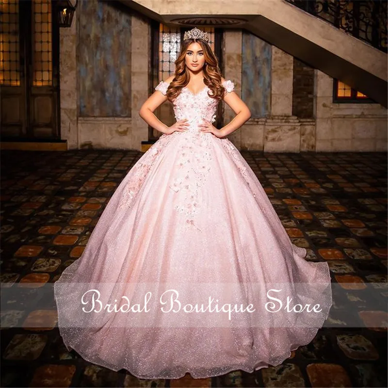 Vestido de Baile Fora do Ombro Vestido de Festa Vestido de Princesa Rosa Quinceanera Vestidos Flores Doce 16 Vestir Nupcial Boutique xv Años 3d 2 do ombro 3d flores doce 16 vestido