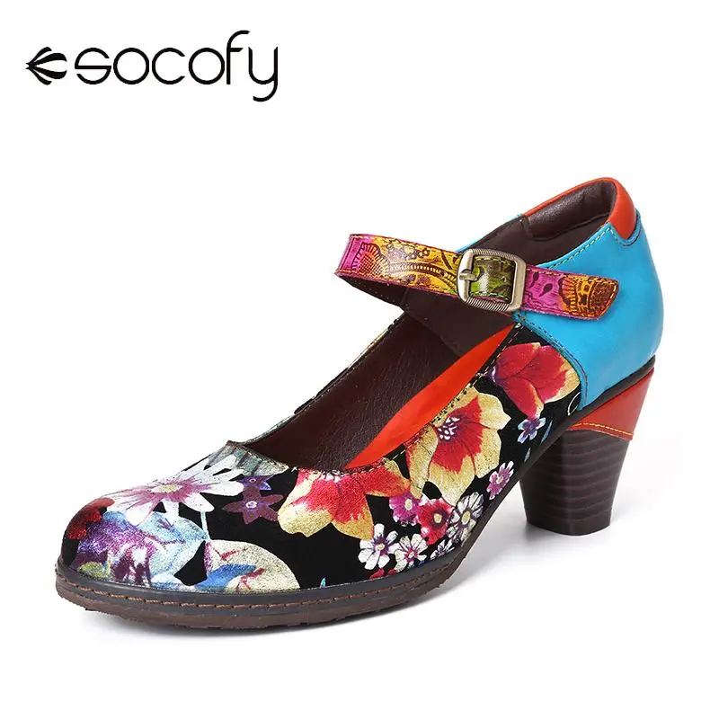 

SOCOFY Painted Sunflowers Genuine Leather Elegant Mary Jane Pumps Ladies Shoes Exquisite Women Shoes Botas Mujer 2020
