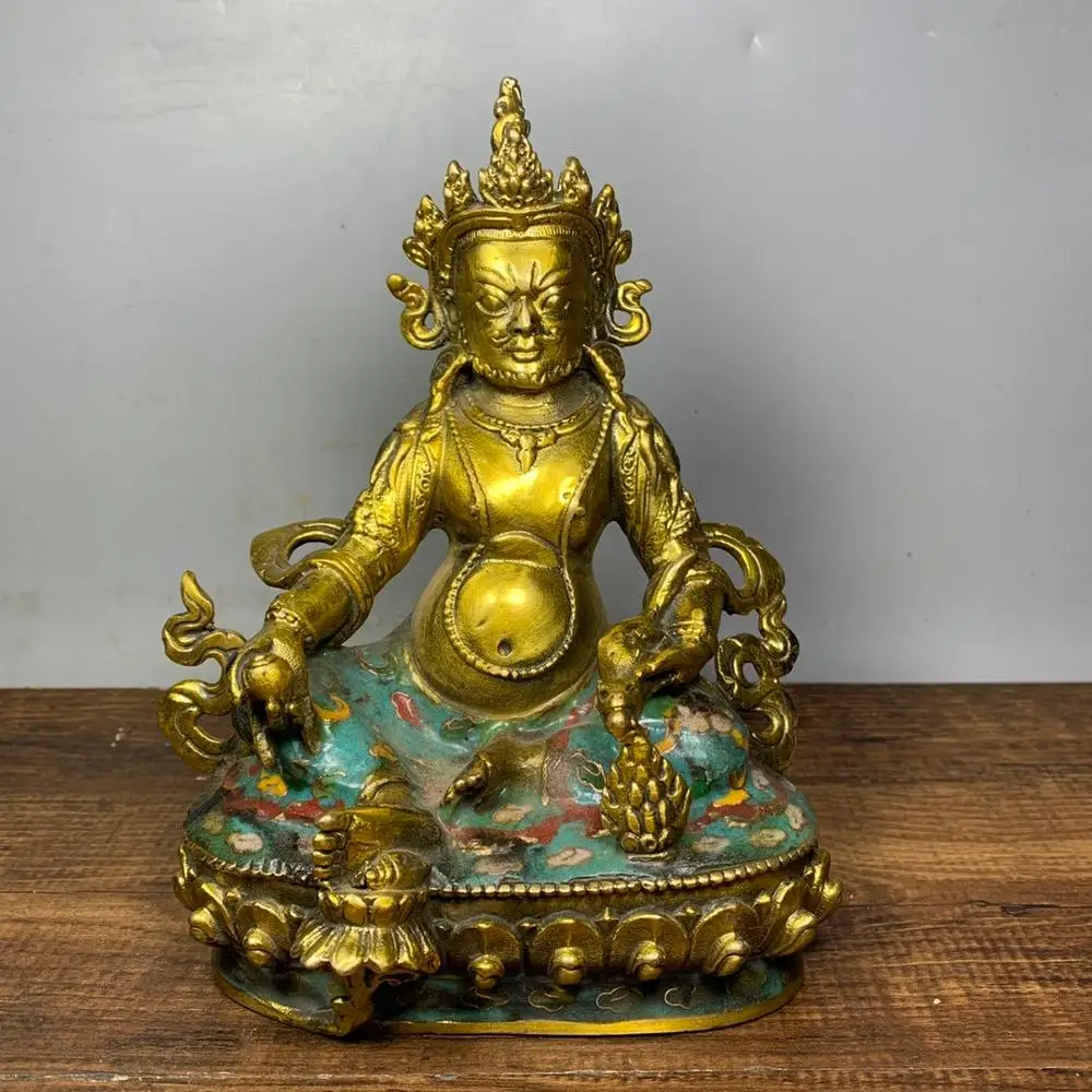

7"Tibet Buddhism Temple Old Bronze Cloisonne Enamel Yellow God of Wealth Buddha Statue Chambala (Xiang Xiongwen) Statue Enshrine