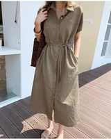 long summer women v neck short sleeves cotton dress button belt solid color fashion lady long skit dresses casual loose style
