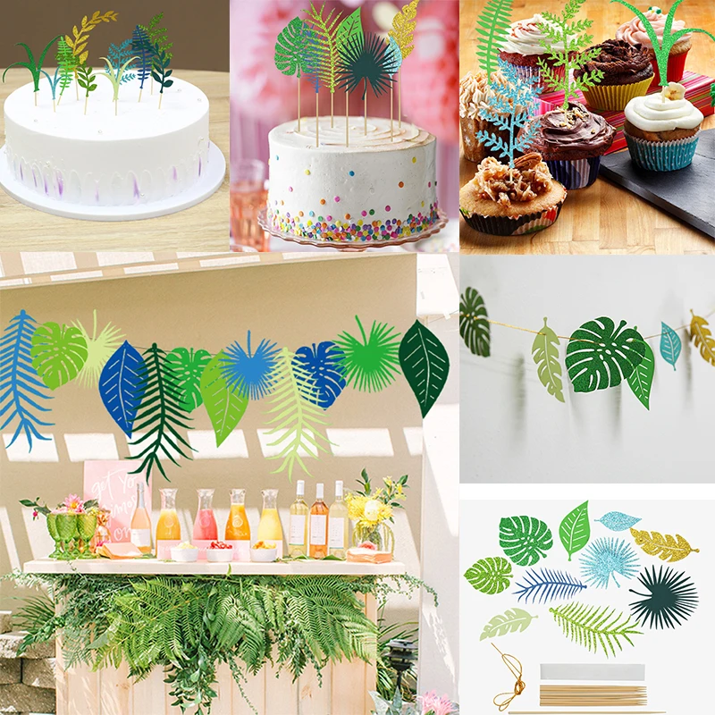 

Tropical Hawaii Party Paper Leaves Garlands Green Leaf Cake Topper Leaves Cupcake Toppers for Summer Birthday Party Decorations