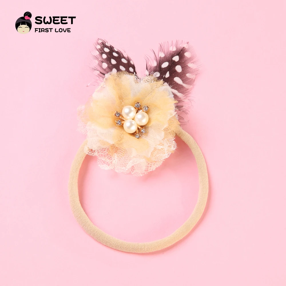 

Girls Flower Nylon Headband With Feather Ears Pearl Hairband For Party Cute Soft Elastic Kids Customized Hair Accessories