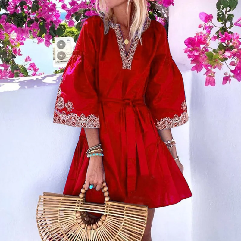 

Retro Floral Print V-neck Party Dress Women 2021 Spring 3/4 Flare Sleeve Mini Dress Sexy Embroidery Belted Autumn Dress Vestidos