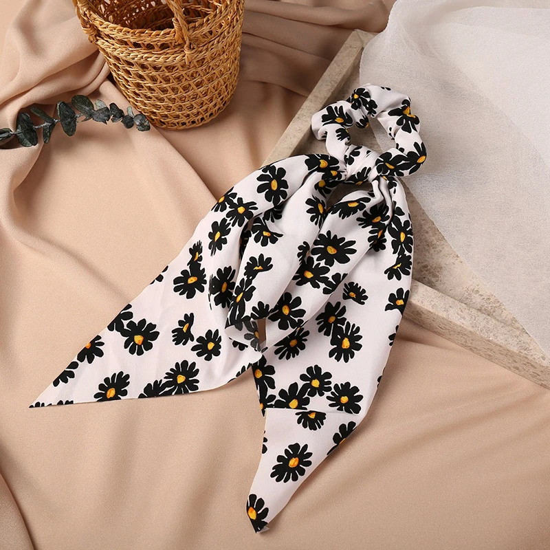 

Korea Daisy Elastic Hair Band For Women Floral Print Scrunchies Long Streamers Ponytail Scarf Bow Knotted Hair Ties Hair Rope
