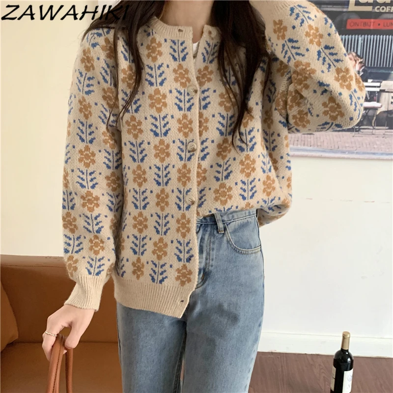 

Осенне-зимняя женская Свободная верхняя одежда zawhiki, Новый ленивый Ретро японский свитер, Кардиган с длинным рукавом, вязаные топы с цветочн...