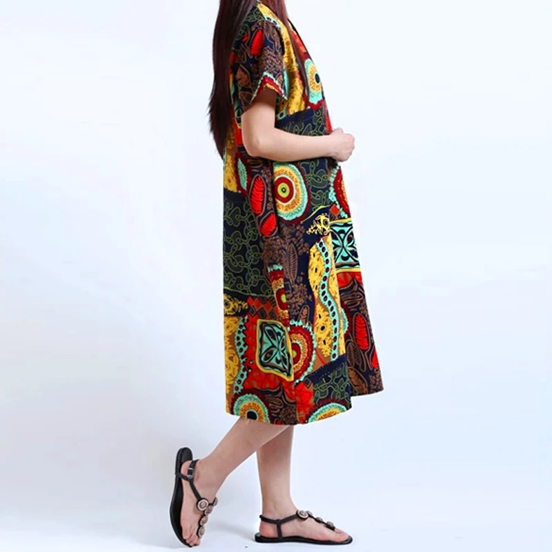M-5XL2019 YOINS Новое Женское платье с круглым вырезом и цветочным принтом с коротким рукавом из хлопка и льна Повседневное Платье До Колена мешковатое Платье-туника размера плюс