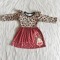 cute kids stitching long sleeve dress girl fashion leopard frocks with deer pattern toddler christmas skirts