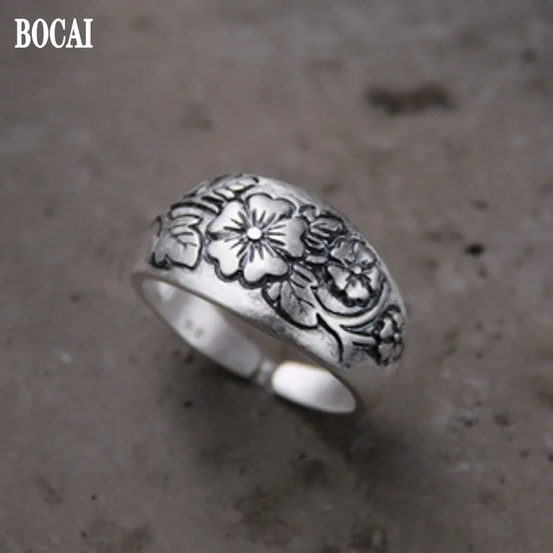 

Новинка 100%, серебряные ювелирные изделия BOCAI S999, тонко резные цветки сливы, состаренное Ретро этническое стильное открытое женское кольцо
