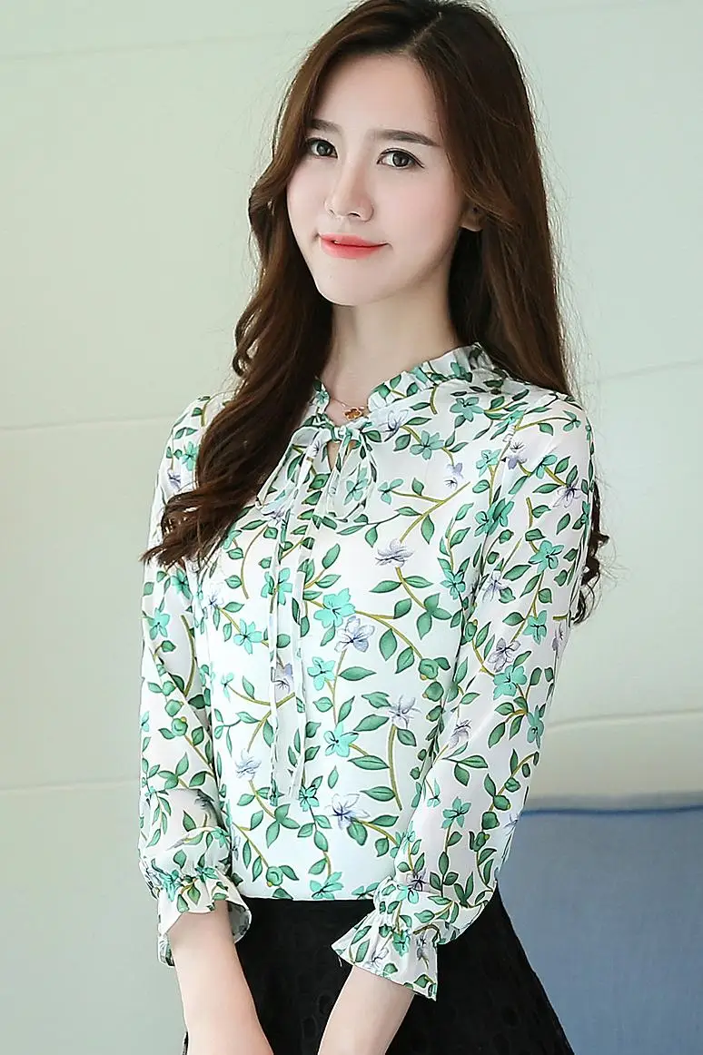 

Houthion Chiffon Slim Women's Blouses Fashion Long Sleeve Top New Casual Blouse Flowers Shirt Spring/autumn