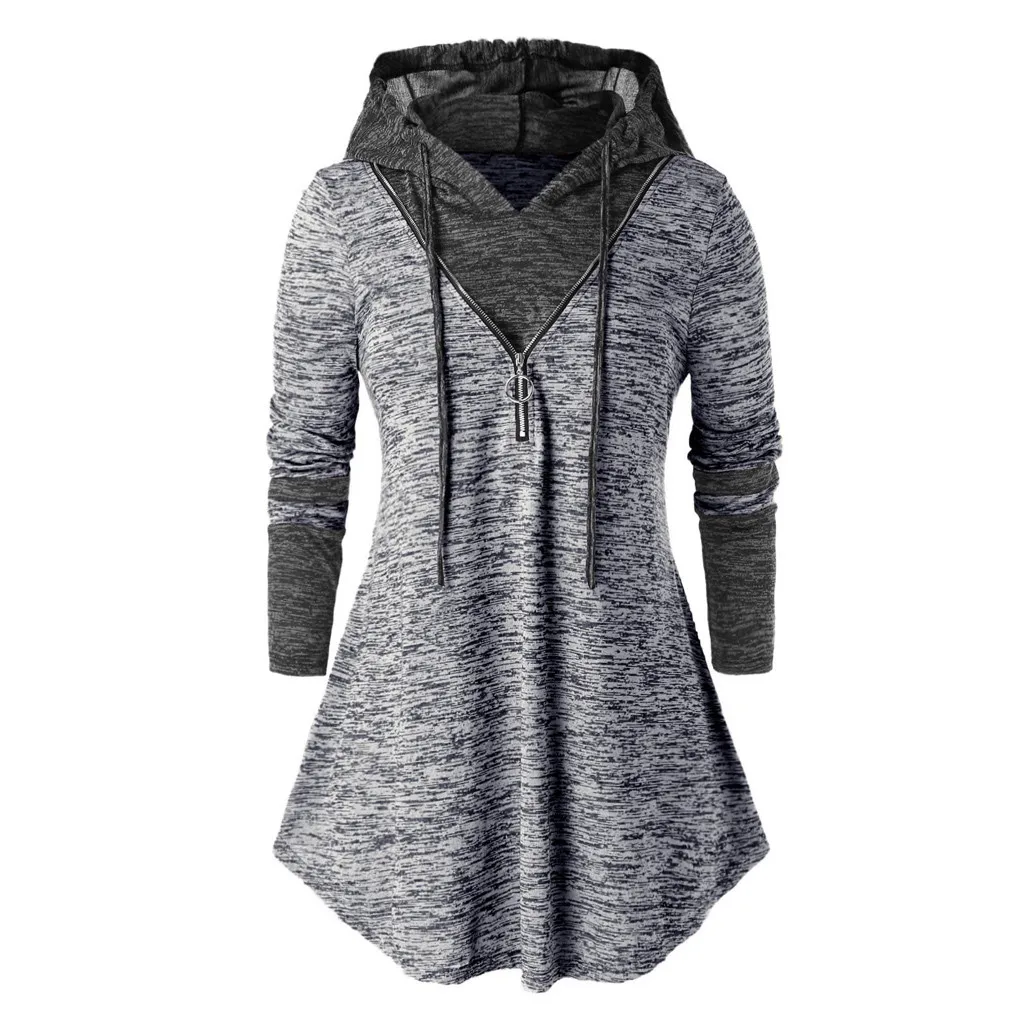 Женская блузка размера плюс с длинным рукавом капюшоном на молнии рубашка для