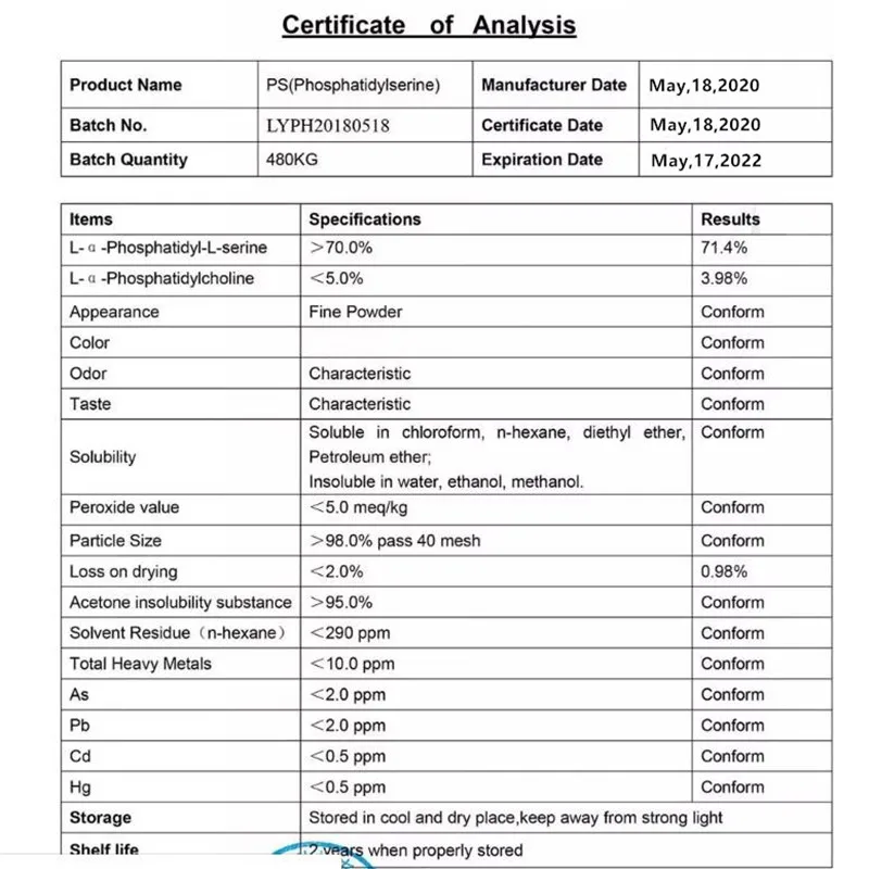 Высококачественный нечеткий фосфатидилсериновый порошок 99% ps эффективно