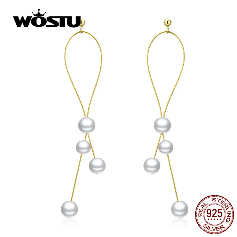 WOSTU 925 пробы Серебряные длинные золотые висячие серьги с пресноводным жемчугом для женщин Свадебные висячие серьги 925 ювелирные изделия CQE615