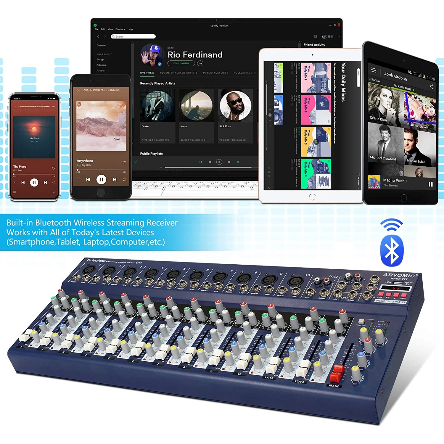 ARVOMIC профессиональный звуковой микшер 14 каналов USB-вход функция Bluetooth фантомное