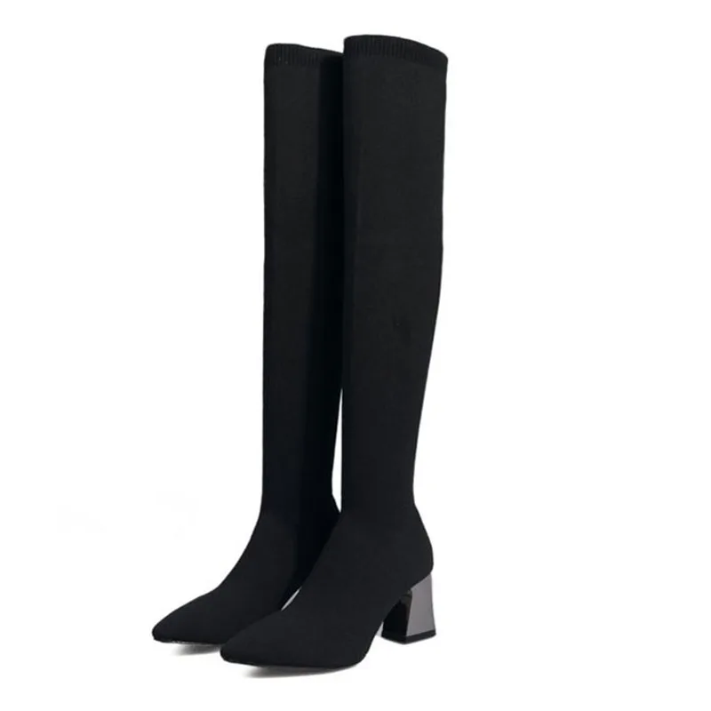 2019 женские зимние сапоги до колена эластичная обувь Вязаные чулки Сапоги выше