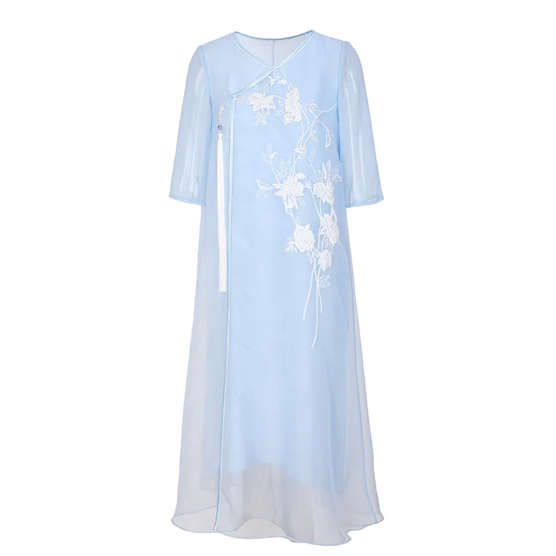 

Tassel Vintage Dress 2020 Summer Women Luxurious Embroidery Half Sleeve Mid-Calf Length Blue Yellow Dress Vestidos Feminino XXL