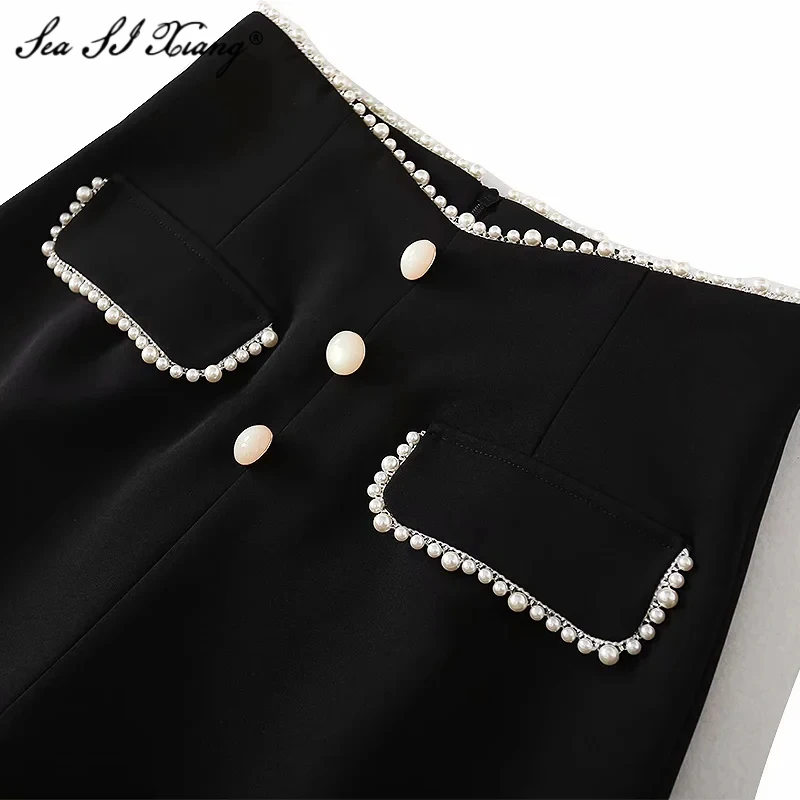 

Seasixiang Fashion Designer Summer Suit Women's Long Sleeve Lace Patchwork Tops + Beading Shorts Two Piece Set