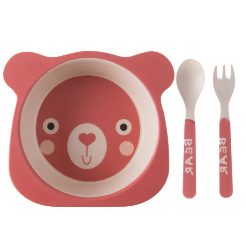 Pink Bear Набор детской посуды 3 шт./компл., детская чашка, вилка, ложка, животное, антиосенняя посуда из бамбукового волокна, перегородка для кормления, столовая посуда - Цвет: Pink Bear