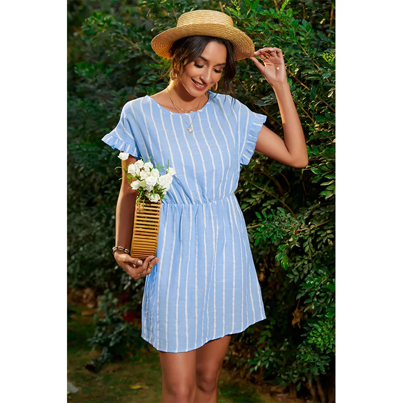 

Stripe Dress Women Round Neck Ruffles Summer High Waist Casual Mini Dress Short Sleeve Dress Sundress 2021 New Fashion
