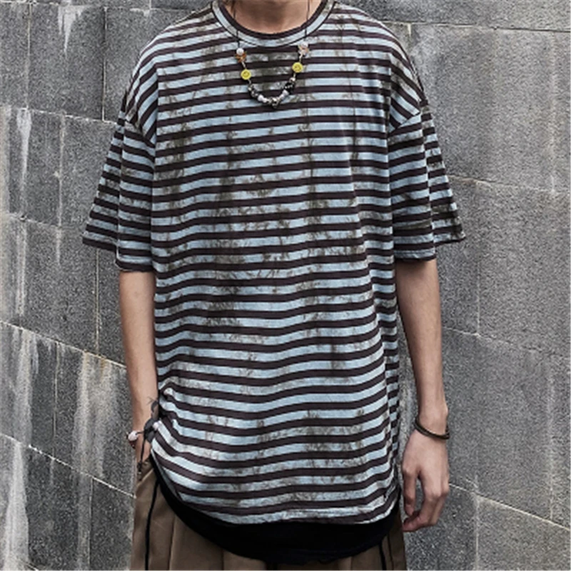 

Hip Hop Oversize Men 100% Cotton Tshirt Tops Tees Hole Stripe Do Old Tie Dye High Street Vintage Women T-Shirts Camisetas Hombre