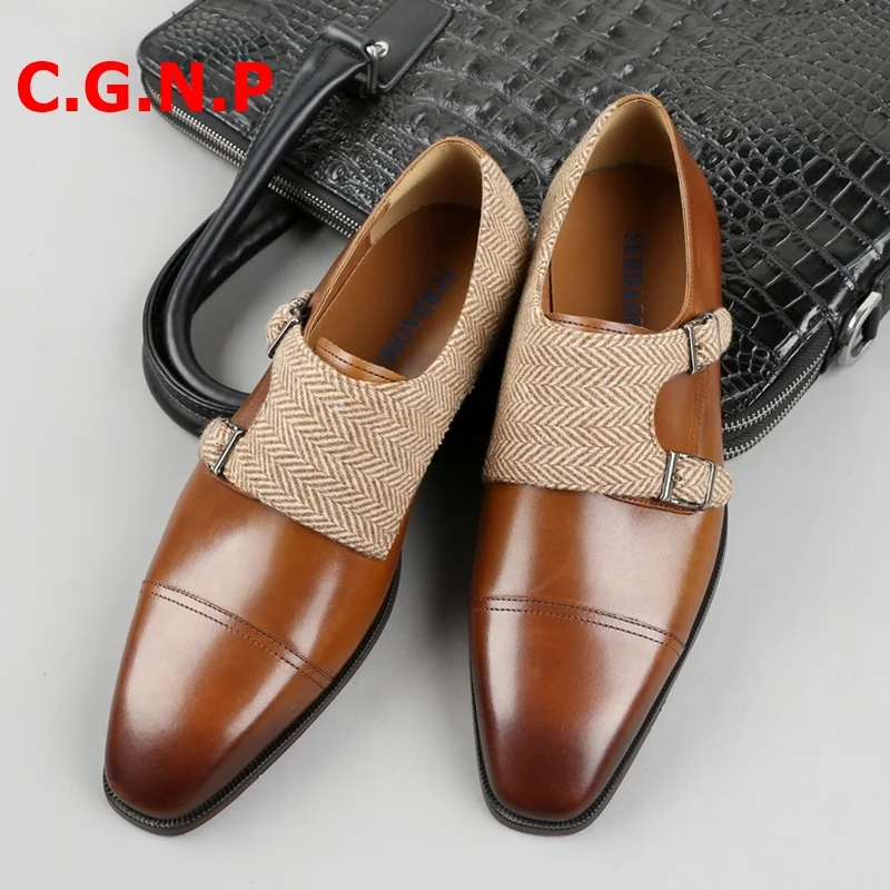 

C.G.N.P Italian Genuine Leather Loafers Men Business Formal Shoes Handmade Patchwork Double Monk Straps Loafer Dress Shoes