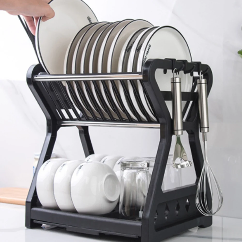 

2021 New Double-layer Kitchen Dish Bowl Draining Storage Rack With Chopstick Cage Household Tableware Organizer Tray Box Basket