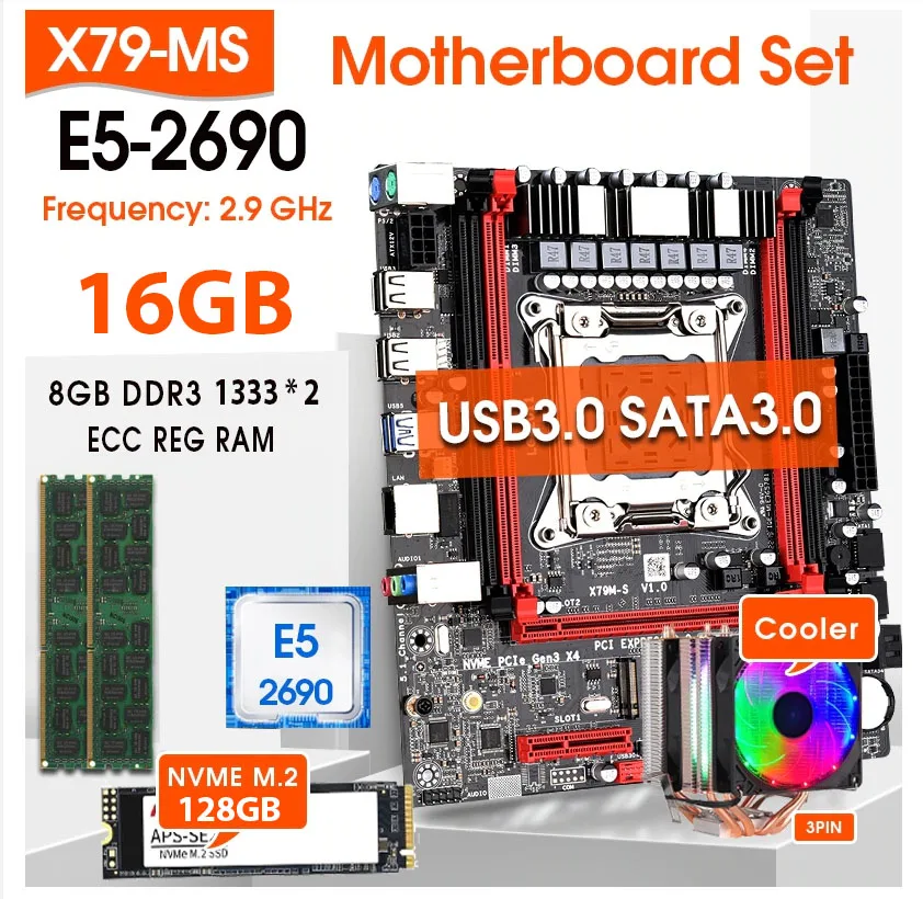 

X79 Motherboard Set E5 2690 CPU 2 x 8GB = 16GB 1333Mhz DDR3 ECC REC COOLER Kit SATA3.0 USB3.0 and 128GB NVMe M.2 SSD