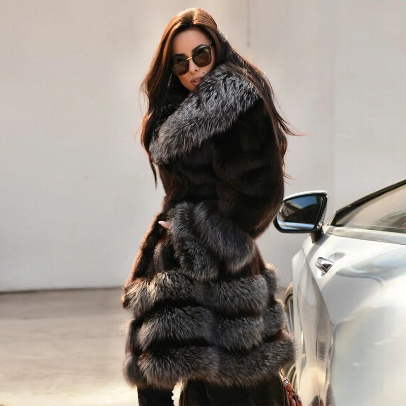 Luxury Natural Mink Fur Coat For Women WInter Long Genuine Mink Fur Jacket With Sliver Fox Fur Collar And Bottom Fashion Outwear