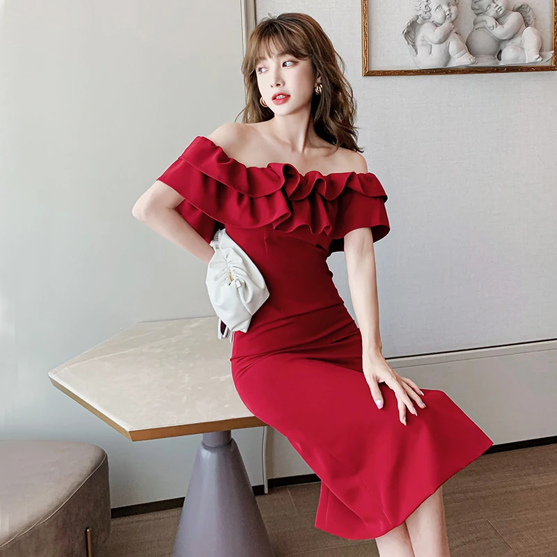 

2021 Brand New Women Vintage Red Dress Off Shoulder Ruffles Sexy Chic Pencil Dress Slit Sexy Party Midi Dress Vestidos Mujer