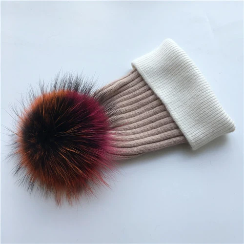 Blush-white C Зимняя шапка, модная шапка с натуральным мехом, женские шапки с помпоном, кашемировый шерстяной вязаный берет, меховая шапка с помпоном, шапка с большим мехом енота - Цвет: Blush-white C