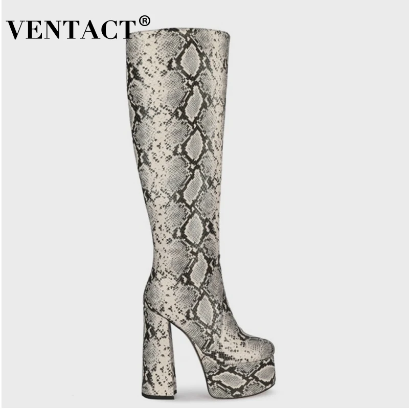 

VENTACT Size 35-43 Women'S Long Boots Chunky High Heels Platform Snakeskin Cool Fashion Winter Knee Boot Ladies Footwear