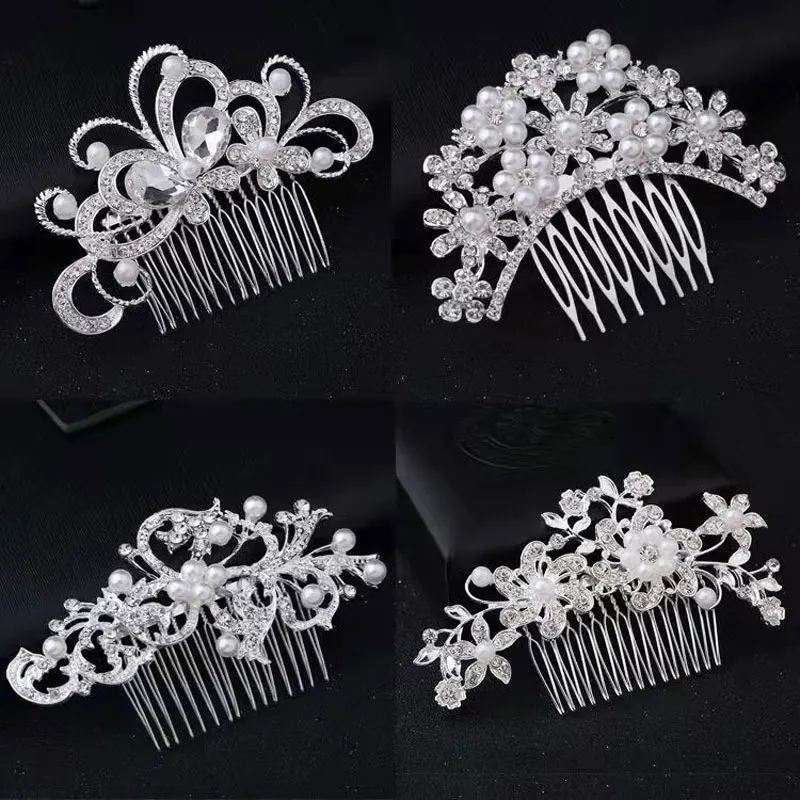 

New Korean five-petal flower crystal hair ornaments Fashion new diamond-studded pearls bridal hair comb headdress holiday gifts