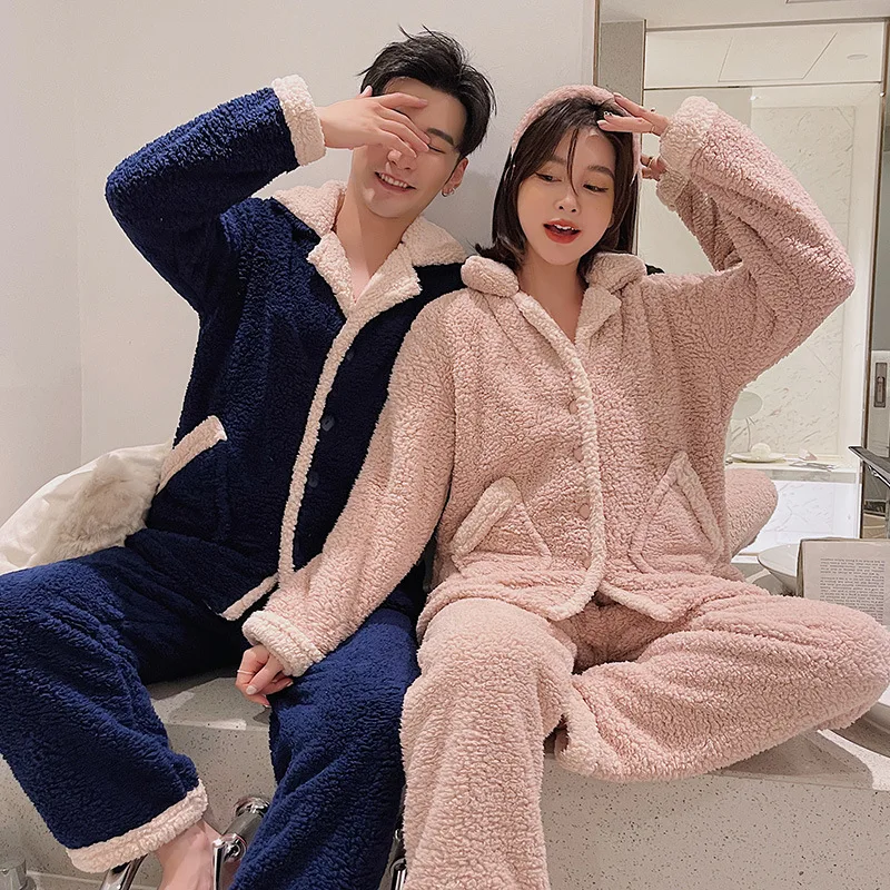 

Зимняя парная пижама из овечьей шерсти, комплект с отворотом, повседневная одежда для сна, рубашка с длинным рукавом и штаны из 2 предметов, к...
