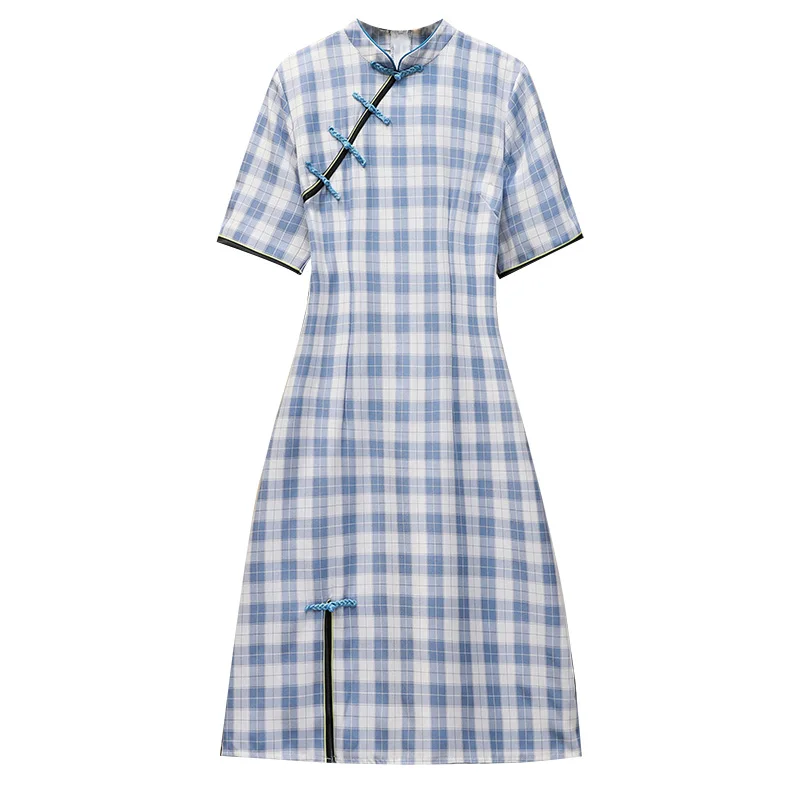 

INS M-4XL Plus Size Vintage Blue Plaid Chinese Qipao Casual Party Women A-line Slim Dress Short Sleeve Summer Cheongsam Dresses
