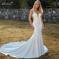 alonlivn charming backless soft satin of mermaid wedding dresses with thin straps
