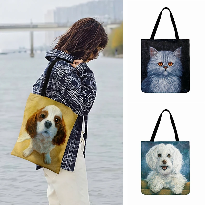 

Ladies Shoulder Bag Puppy Kitten Painting Print Tote Bag For Women Casual Tote Outdoor Beach Bags Foldable Shopping Bag Hand Bag