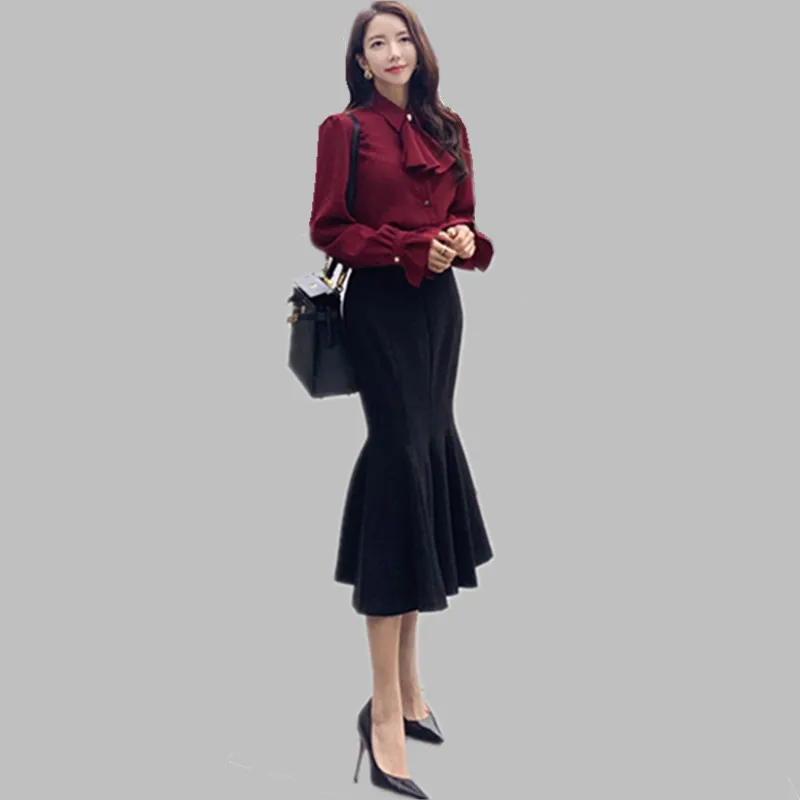 suit SMTHMA Женская коллекция, осенний винтажный комплект одежды для работы, новые шифоновые блузки с рукавами-фонариками и Черные Облегающие юбки-карандаш - Color: suit