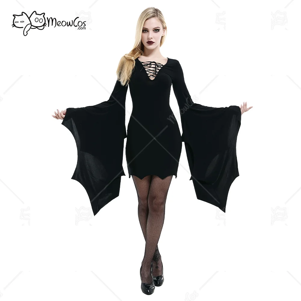 

Женское платье с завязкой спереди, готическое винтажное платье с длинным рукавом, V-образным вырезом и манжетами в виде летучей мыши, костюм ...