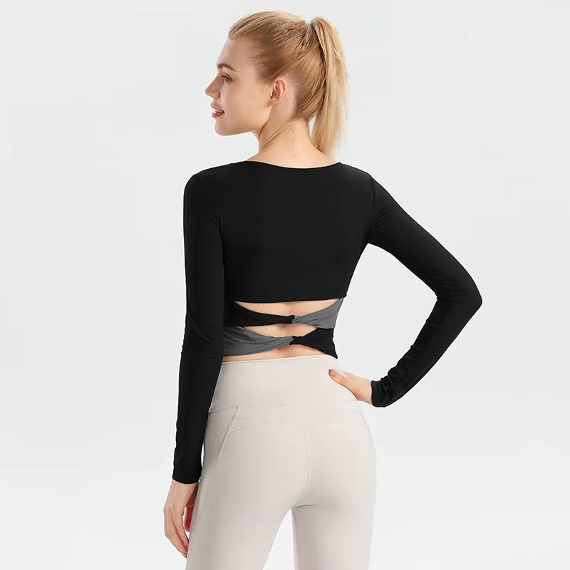 

Back Cross Solid Hollow Out Yoga Shirt Women Long Sleeves Breathable Sports Tops Running Workout Training Sportswear Female