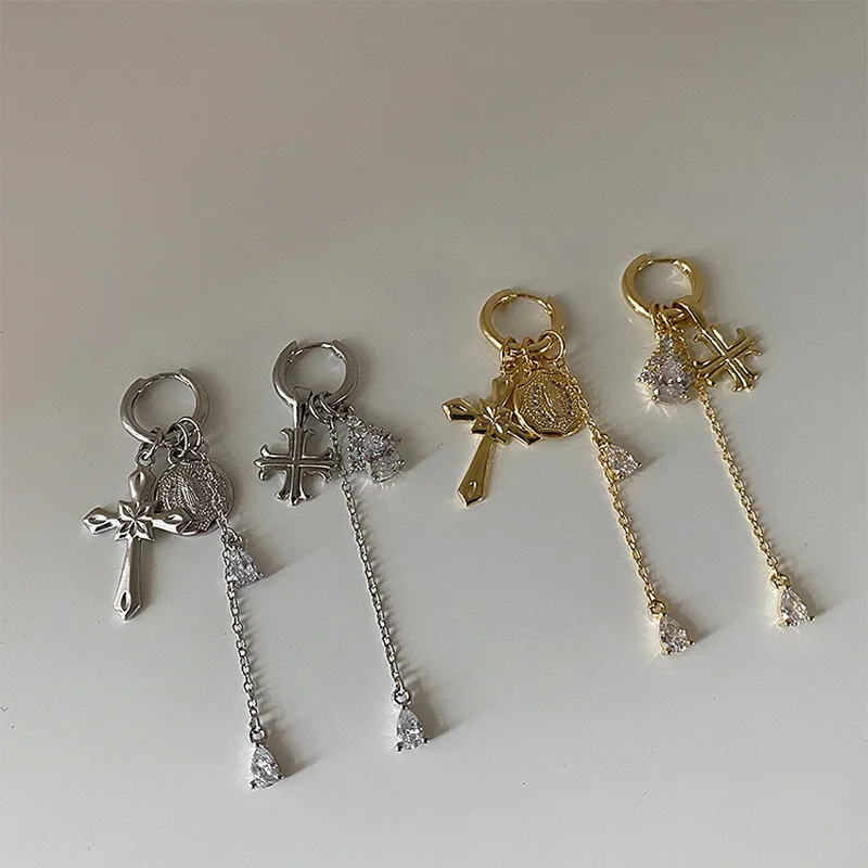 

ALLNEWME Asymmetric Gold Silver Colour Cross Pendant Earrings for Women Girls Long Tassel Spark Zirconia Dangle Earrings Jewelry