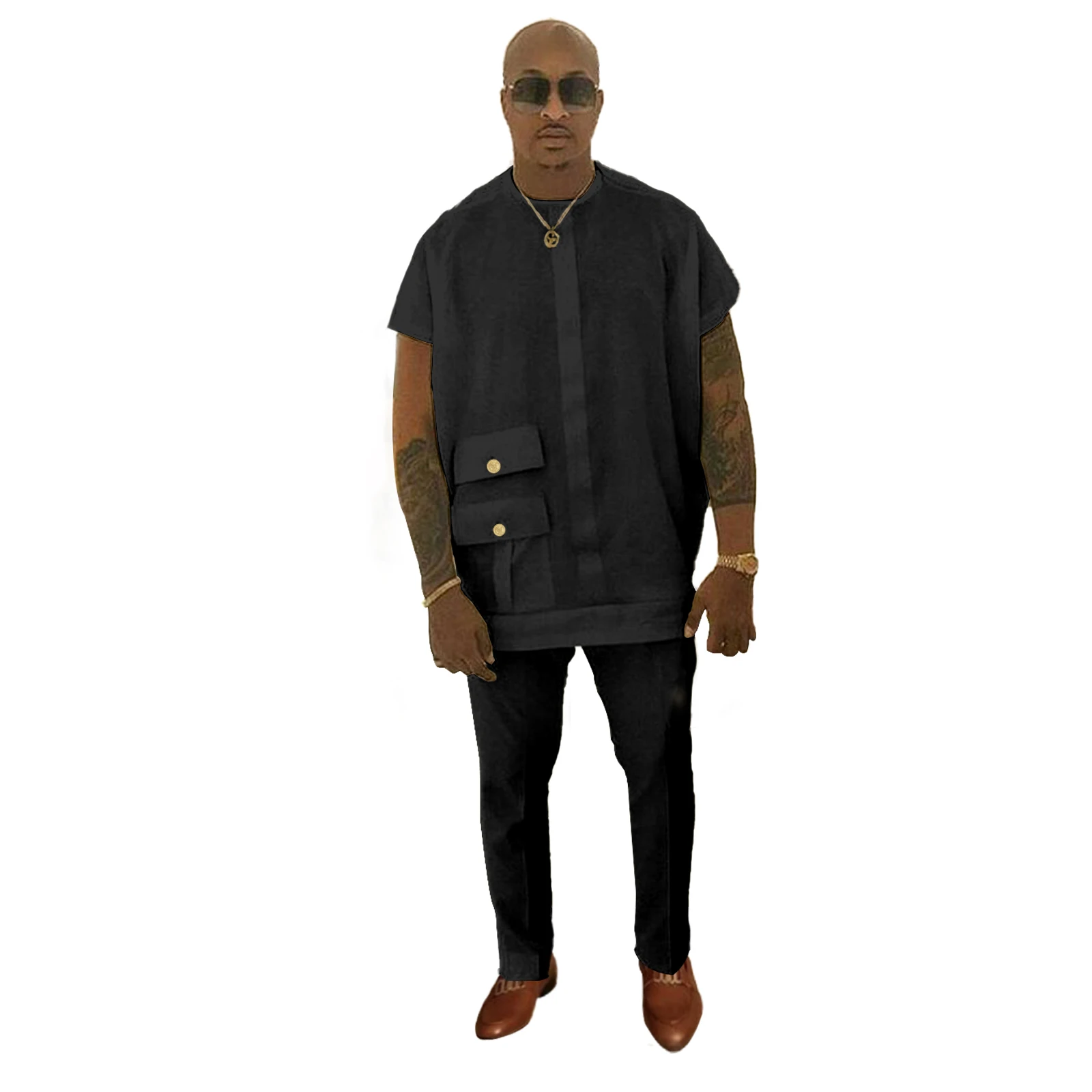 African Clothes for Men Dashiki Round Collar Attire Short Sleeve Men Set with Pants Two-piece AFLIONE v2116046