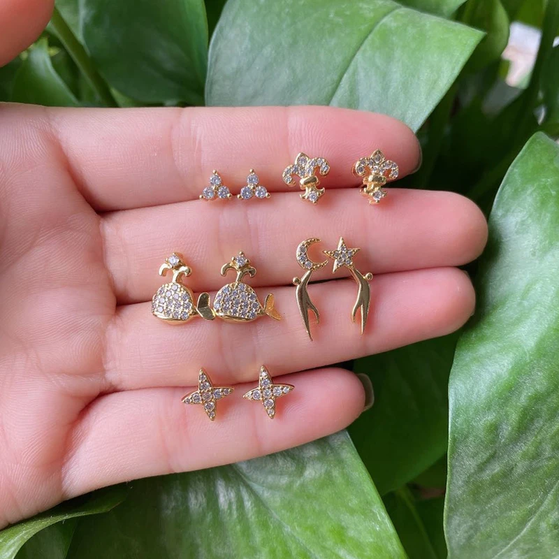 

5Pairs/lot Tiny Trendy Earrings Luxury High Quality Cubic Zirconia Crystal Stud Earrings For Women