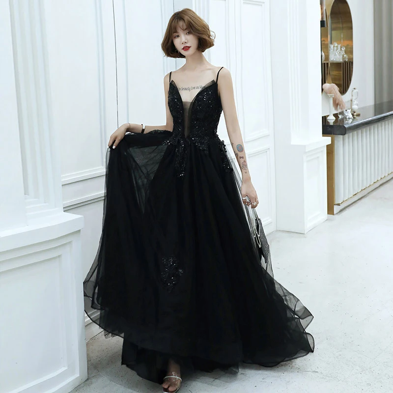 

Black Robe De Soiree It's Yiiya AR422 Elegant V-neck Evening Dresses Spaghetti Strap Formal Gowns Appliques Lace Evening Dress