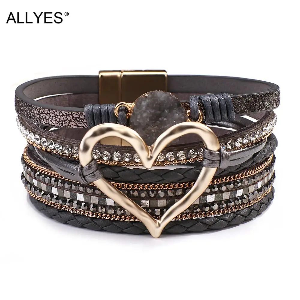 

ALLYES Metal Love Heart Charm Leather Bracelet for Women Multilayer Rhinestone Resin Braided Wrap Bracelet Couple Jewelry