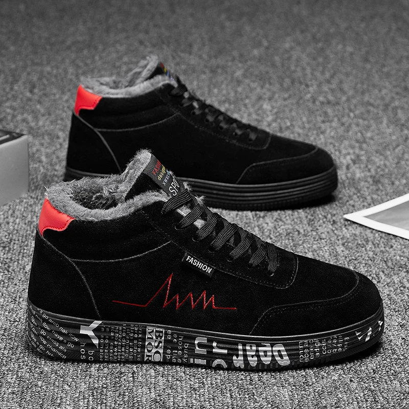

Men Winter Running Shoes Short Plush Keep Warm Lace-Up Men Sneakers Outdoor Flat Heighten Non-slip Wearable Sport Shoes
