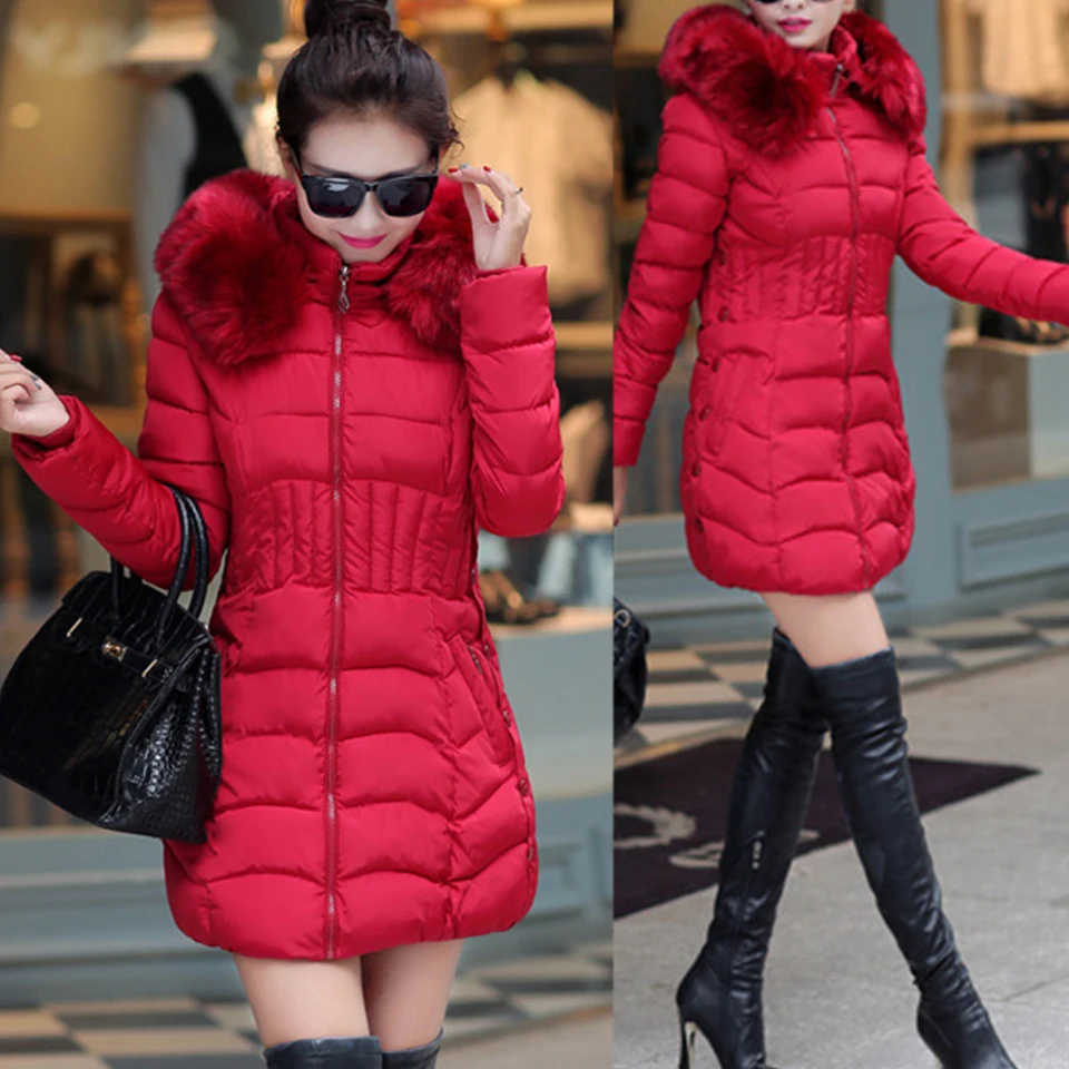 

Collar With Big Faux Fur Hooded Coat Winter Puffer Jacket Long Warm Coat Quilted Women Jacket Parka Duvet Cotton Wadding Parkas