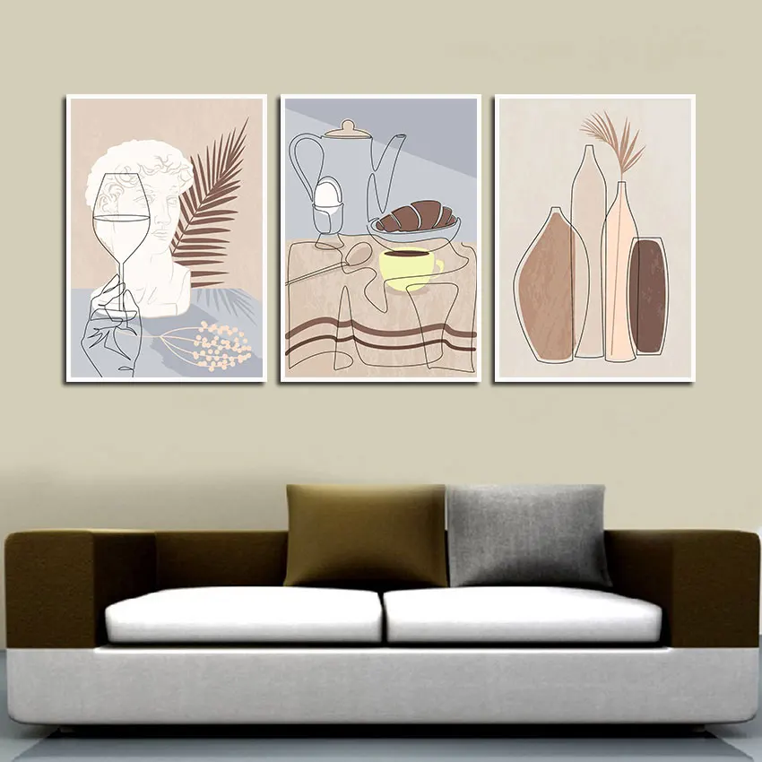 

Bohemian Poster Abstract Cartoon Kitchen Wall Decor Line Art Vase Teapot Sculpture Canvas Painting for Living Room Interior